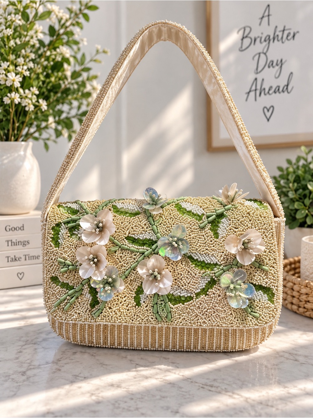 A New Day Beaded Floral Shoulder Bag